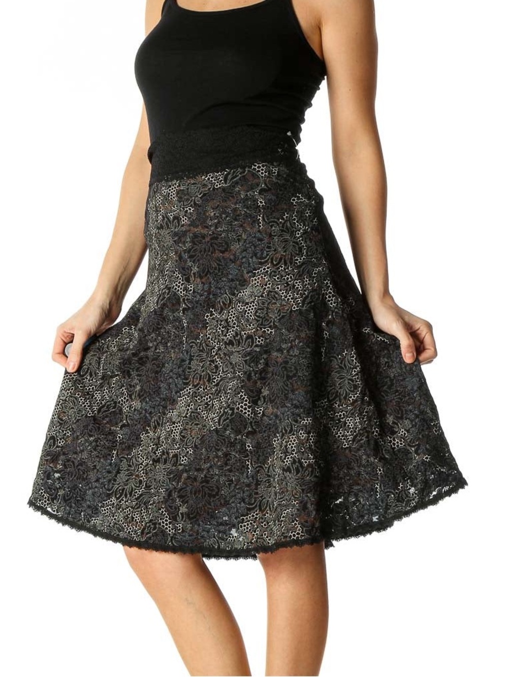 Vintage Cabi Lace Skirt Floral Animal Print Midi Flare A-Line M Medium
